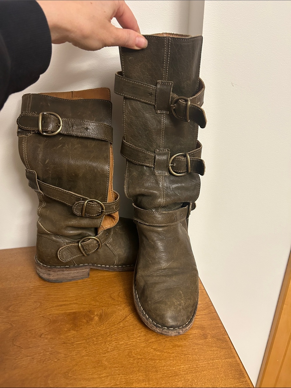 Fiorentini & Baker Leather Wrap Moto Boots in brown with a tone of olive 37